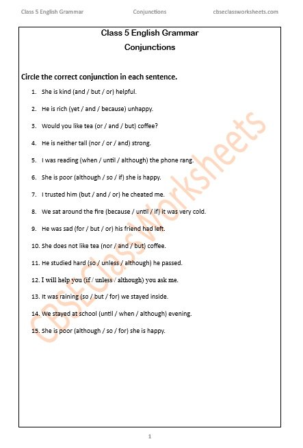 Class 5 English Grammar Conjunctions worksheet Free PDF