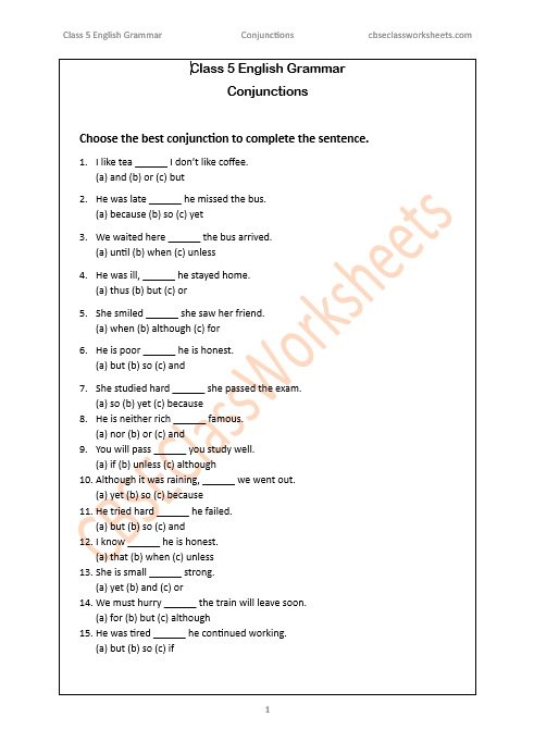 Class 5 English Grammar Conjunctions Free Worksheet