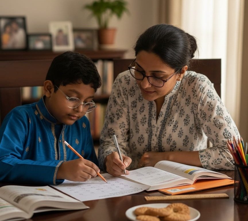 A mother helping her son to solve worksheets.