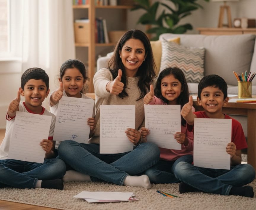 A teacher with her students showing thumbs uo on success.