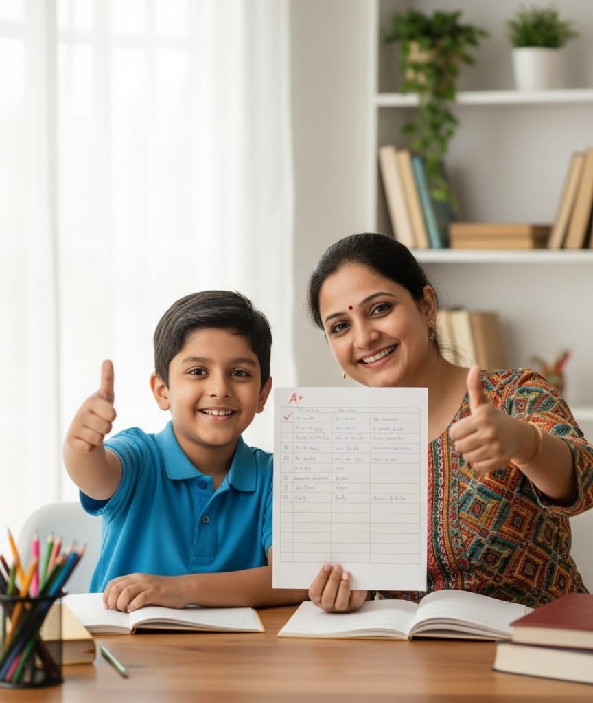 A mother with her son showing thumbs up on academic success.