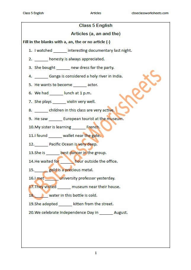 Free PDF worksheets on articles for Class 5 English grammar.