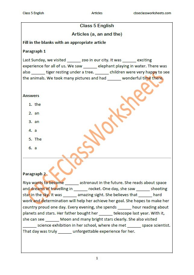 Free PDF worksheet - fill in the blanks with articles for story passage.