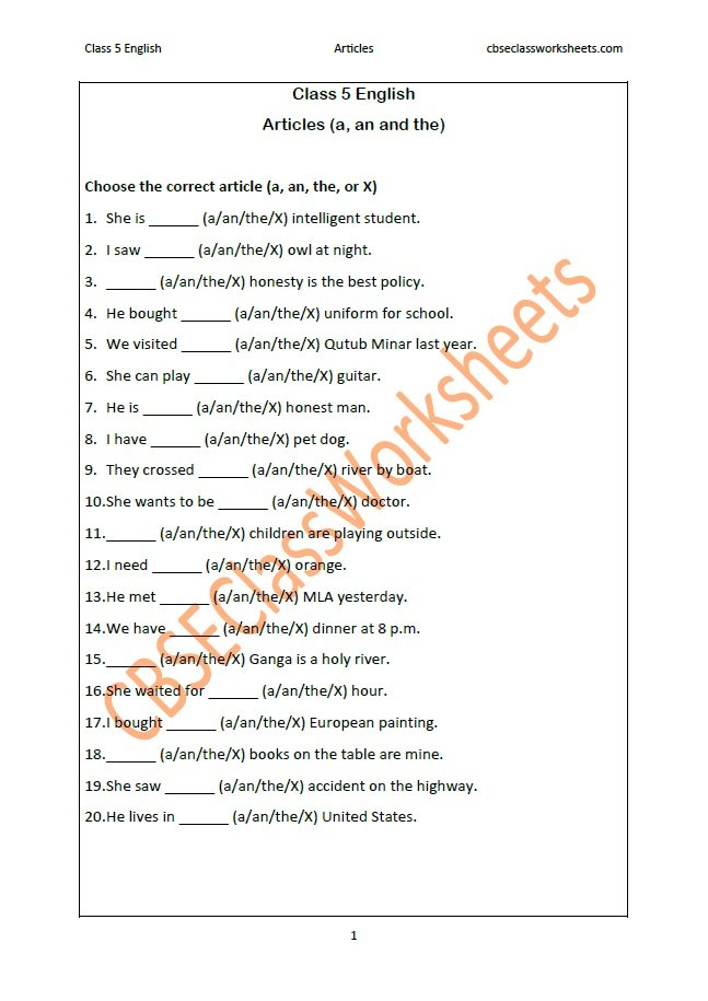 Choose the correct article worksheet on articles for grade 5.