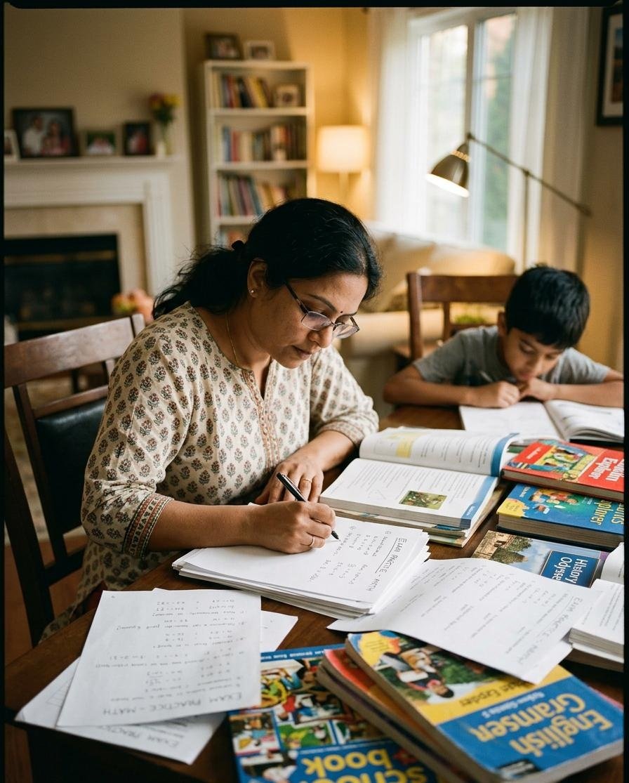 A mother preparing worksheets for her son studying in CBSE.