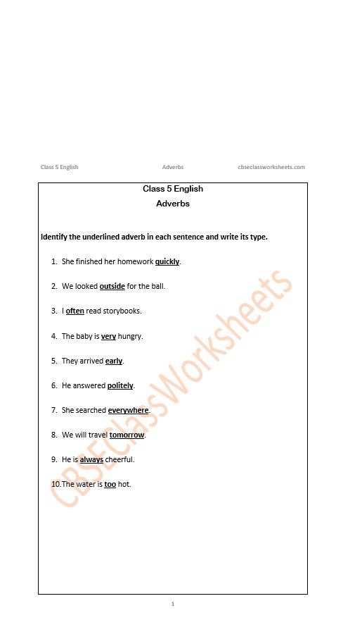Class 5 English Adverbs Worksheet Free PDF