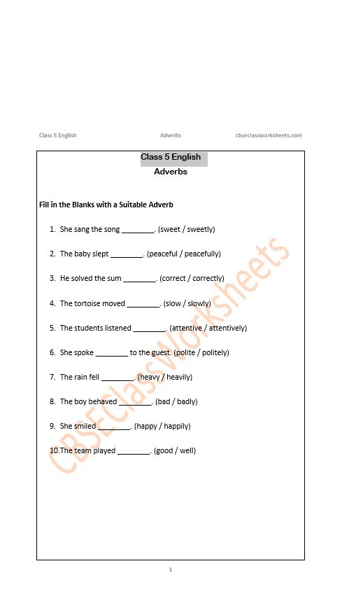 CBSE Class 5 Adverbs Free Worksheet PDF With Answers
