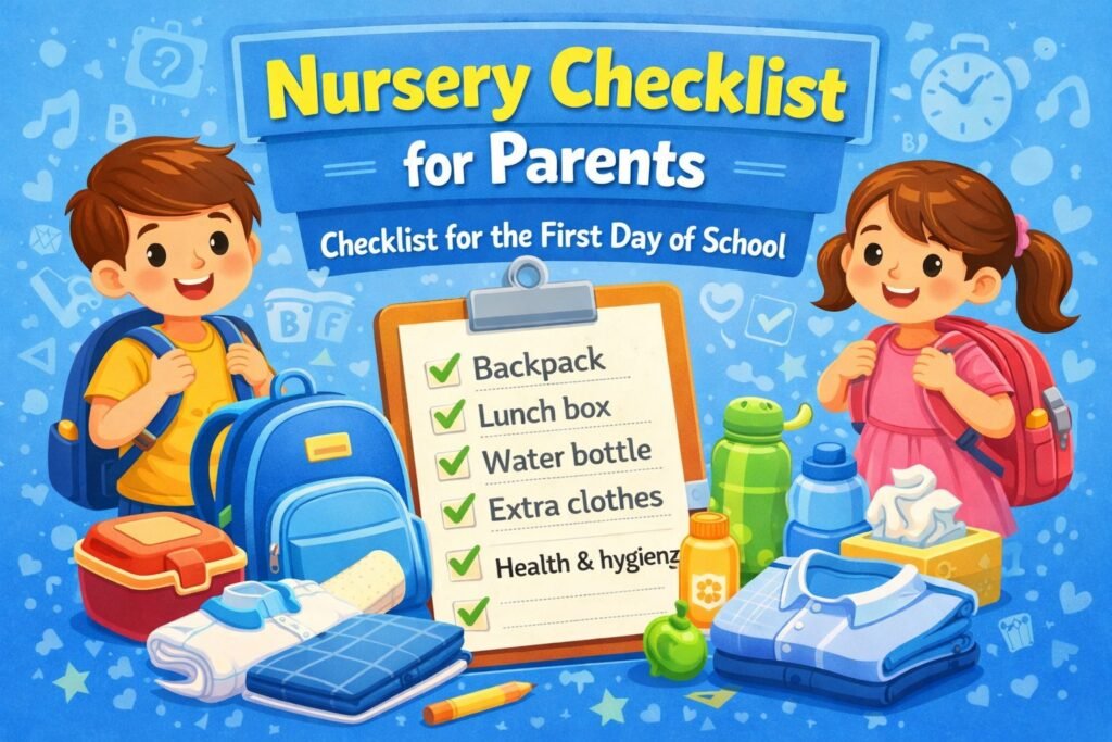 Nursery boy ready to school illustrates Nursery checklist for parents