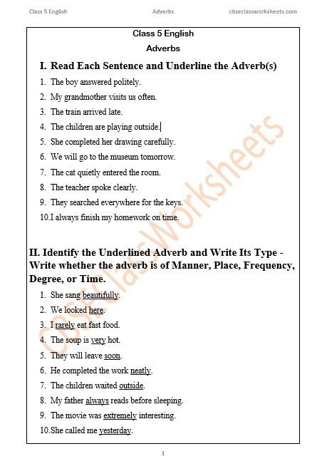 Class 5 Adverbs worksheet free PDF with answers