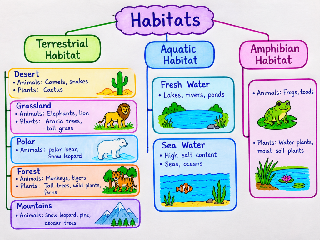 Mindmap of Habitat and its types Class 6 Diviersity in the living world