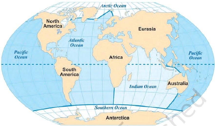 A world map showing the five oceans, their conventional boundaries, and the continents