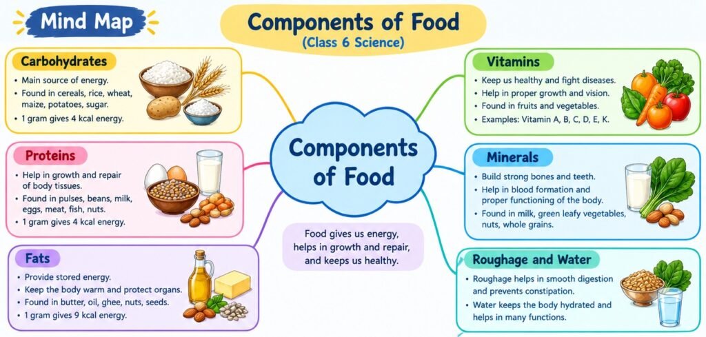 Components of food - mindmap for Class 6 Mindful eating