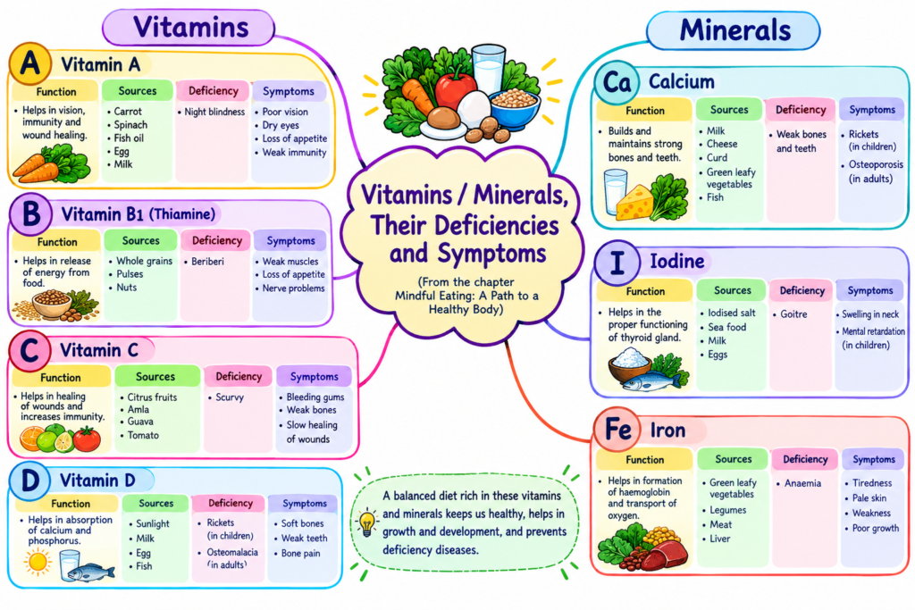Vitamin/minerals - their sources and deficiencies for class 6 science Mindful eating